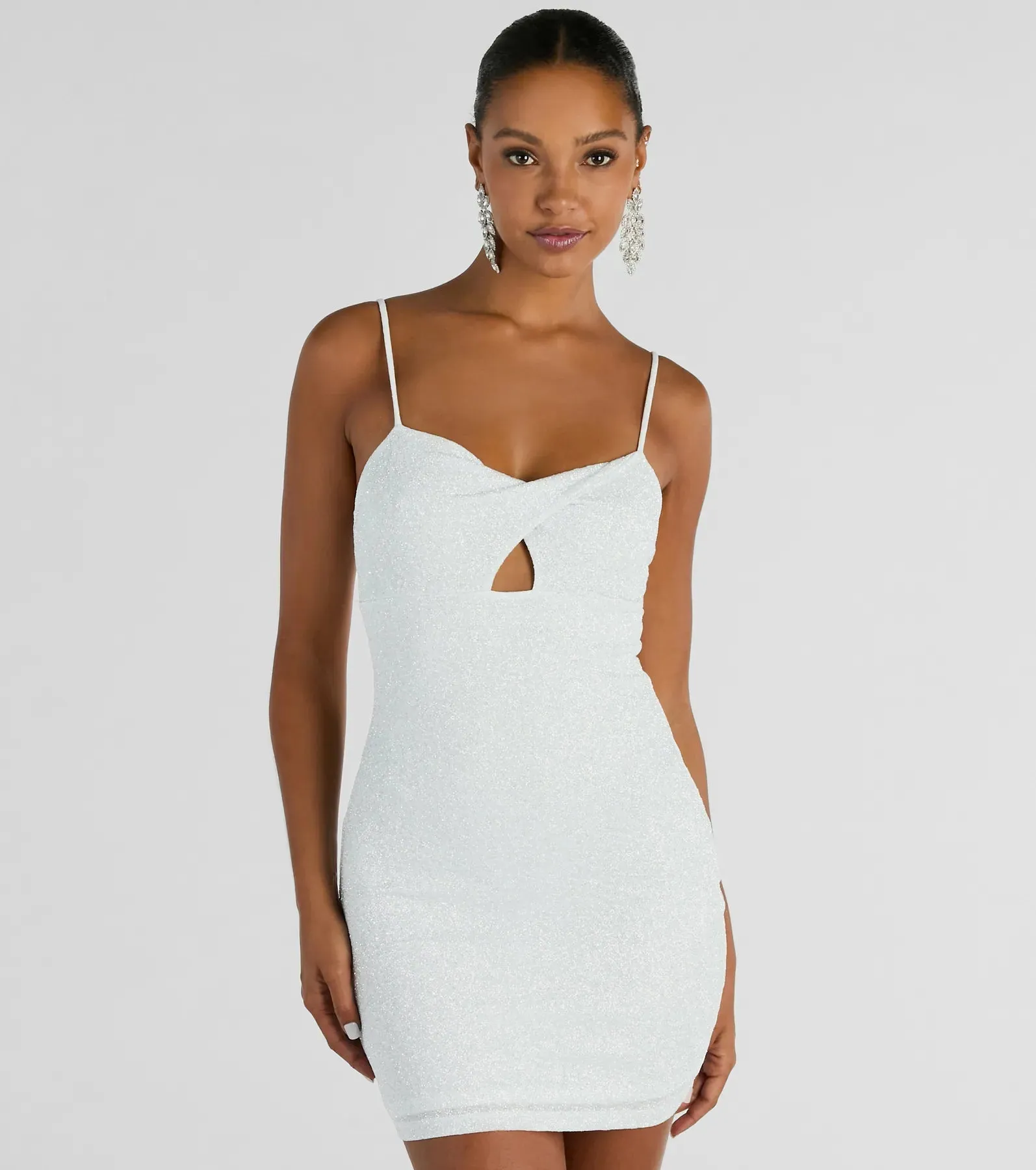 Glitzy Shine Twist-Front Glitter Mini Dress sold by Windsor