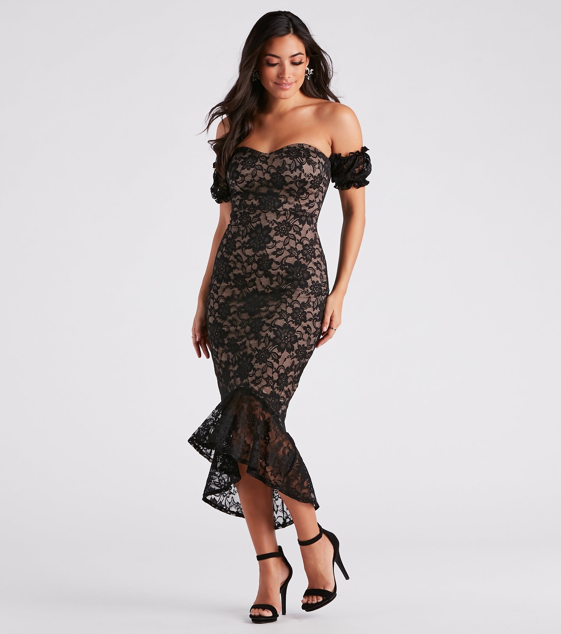 Elegant Miss Lace High Low Midi Dress sold by Windsor