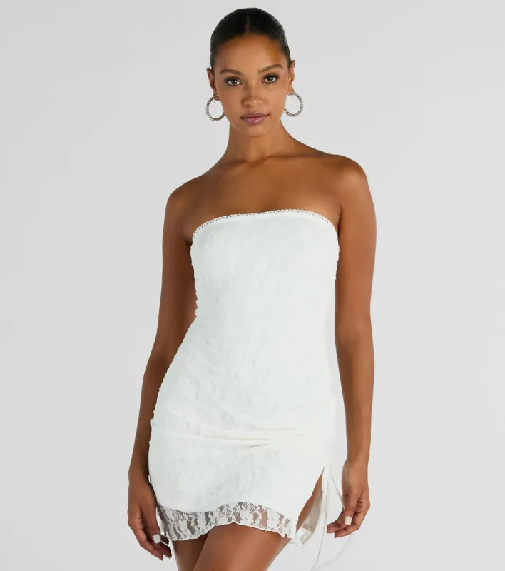 Swoon Over You Strapless Lace Mini Dress sold by Windsor