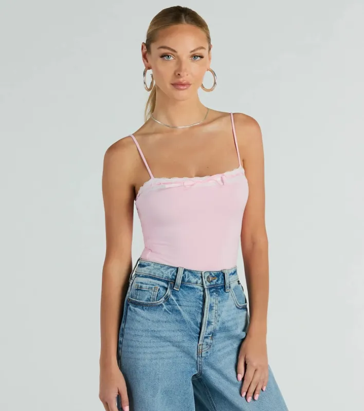 Darling Sass Sleeveless Lace Trim Bow Bodysuit sold by Windsor