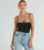 Darling Sass Sleeveless Lace Trim Bow Bodysuit sold by Windsor