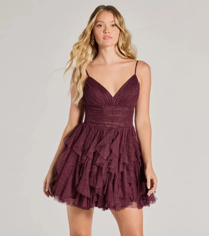 Leanna Ruffle Glitter Mesh Skater Dress sold by Windsor