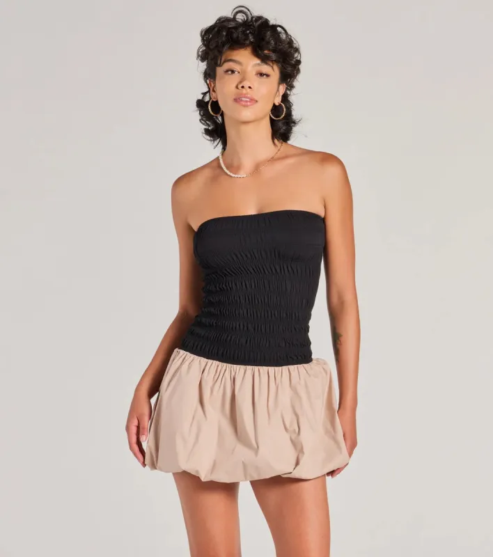 Always Yours Strapless Bubble Hem Mini Dress sold by Windsor