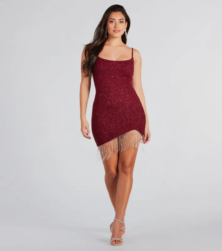 Make You Strut Glitter Rhinestone Fringe Mini Dress sold by Windsor