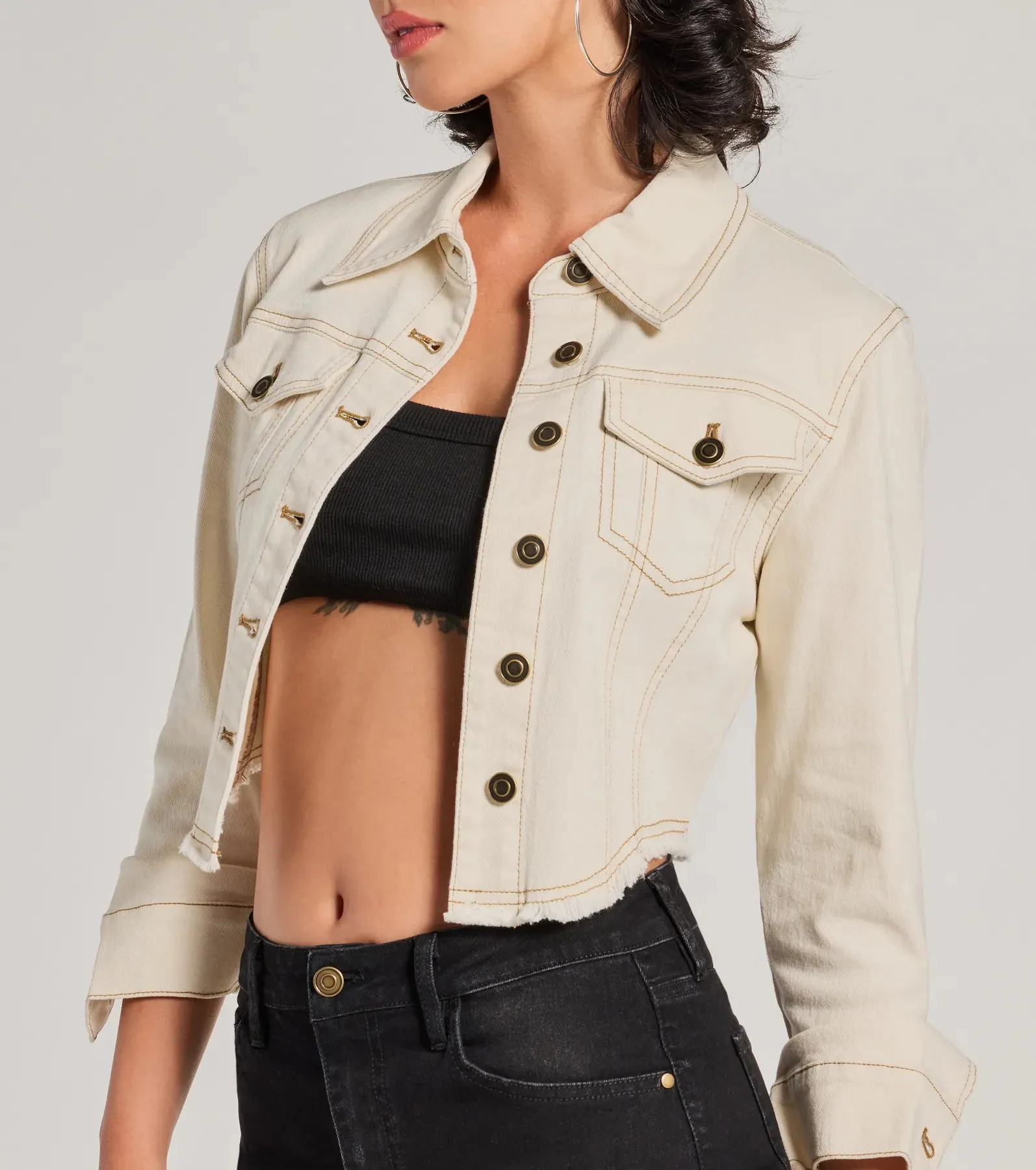 Chill Moments Long Sleeve Crop Denim Trucker Jacket sold by Windsor product image thumbnail 4