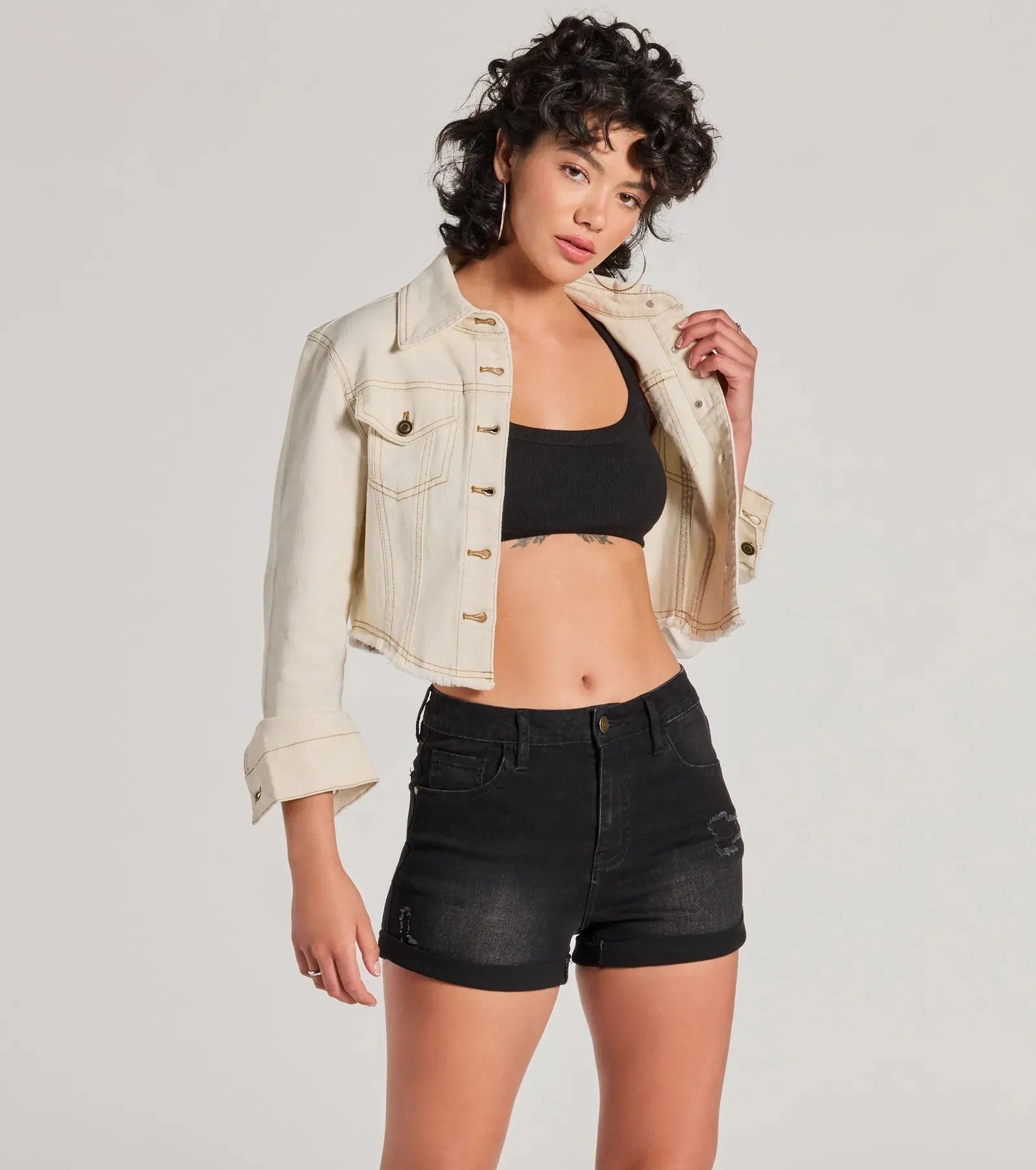 Chill Moments Long Sleeve Crop Denim Trucker Jacket sold by Windsor