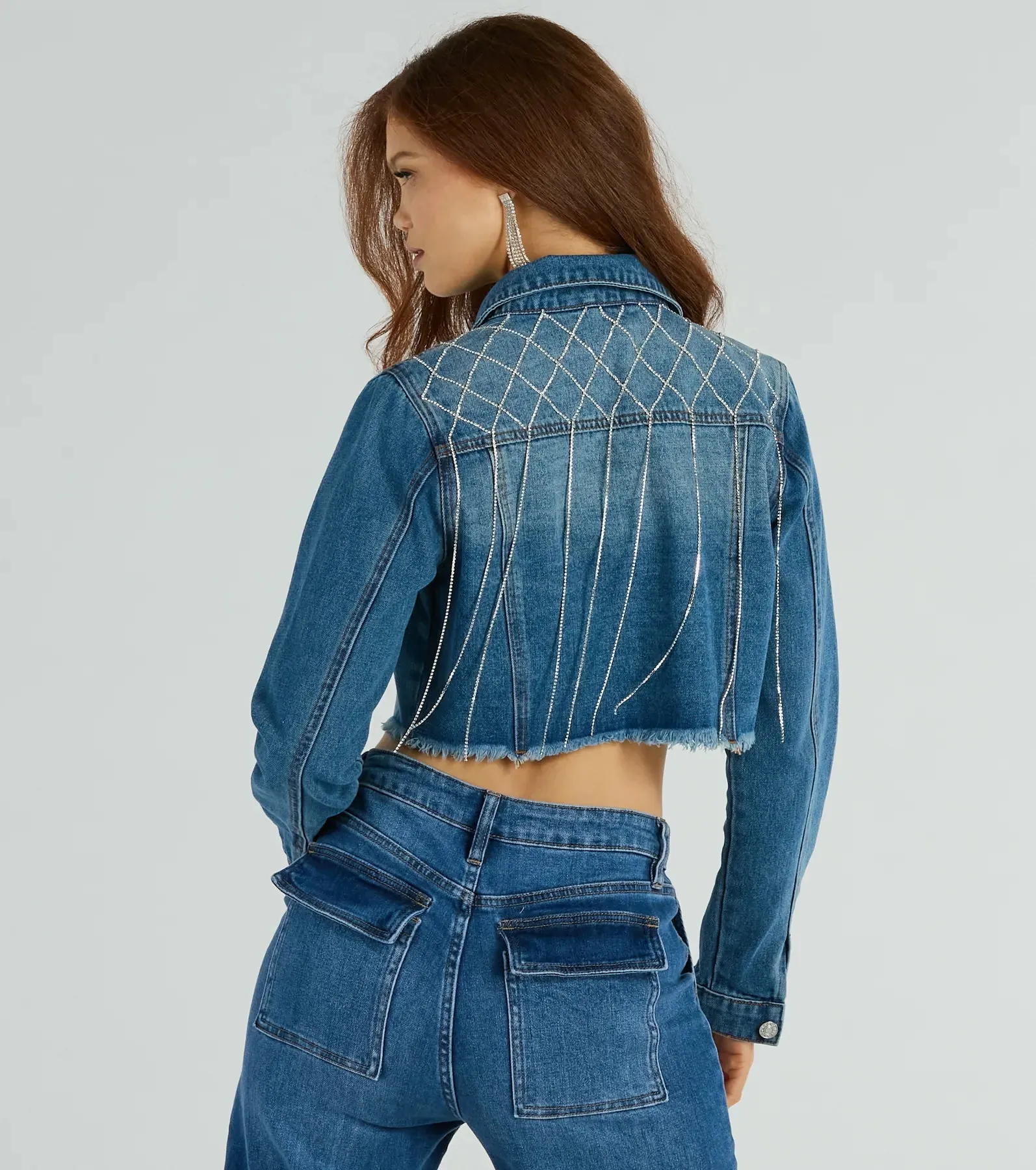 Trendy Glam Rhinestone Fringe Cropped Denim Jacket sold by Windsor product image thumbnail 2