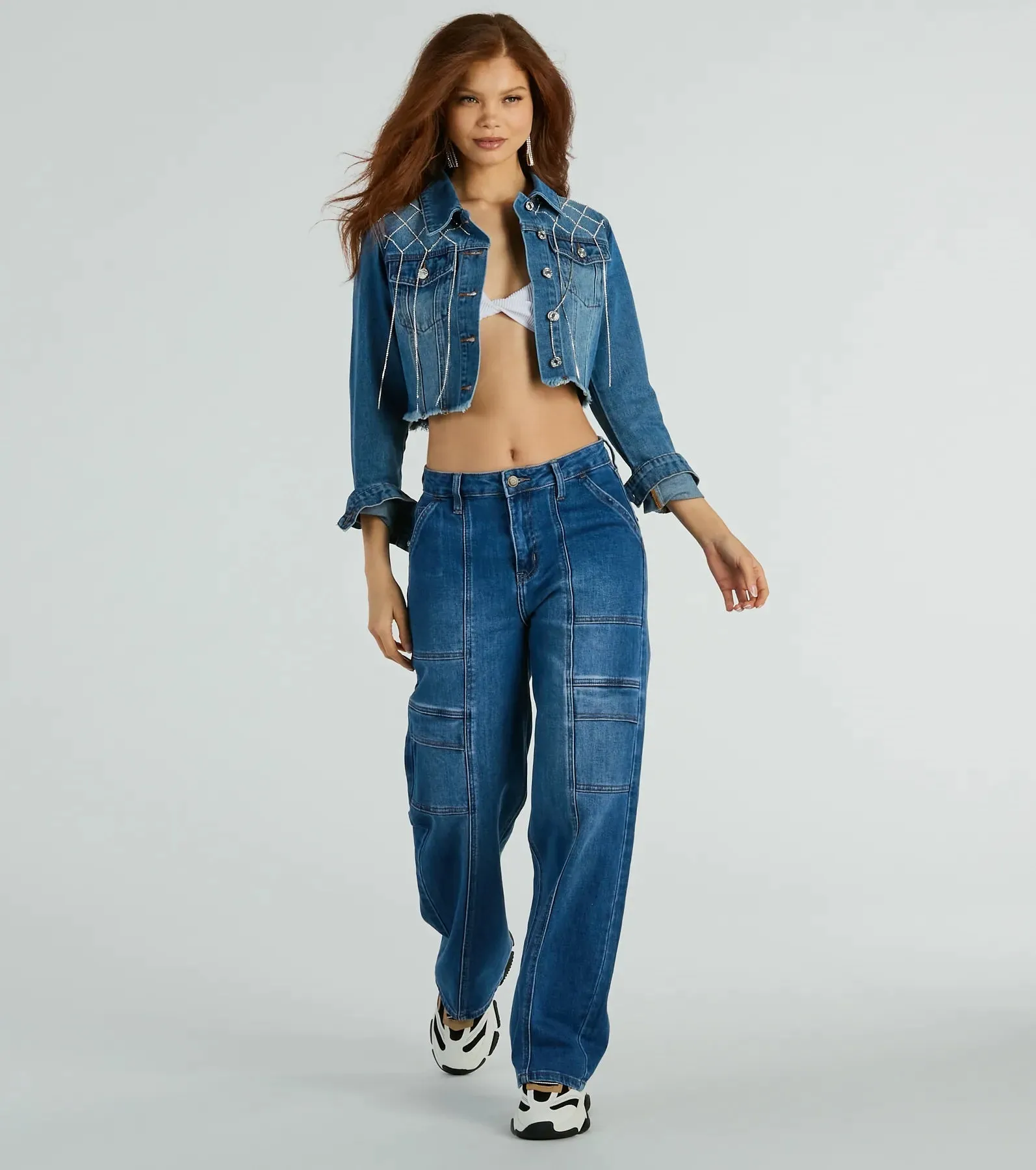 Trendy Glam Rhinestone Fringe Cropped Denim Jacket sold by Windsor product image thumbnail 3