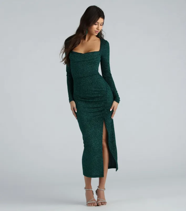 CLEARANCE - April Formal Glitter Long Sleeve Midi Dress sold by Windsor
