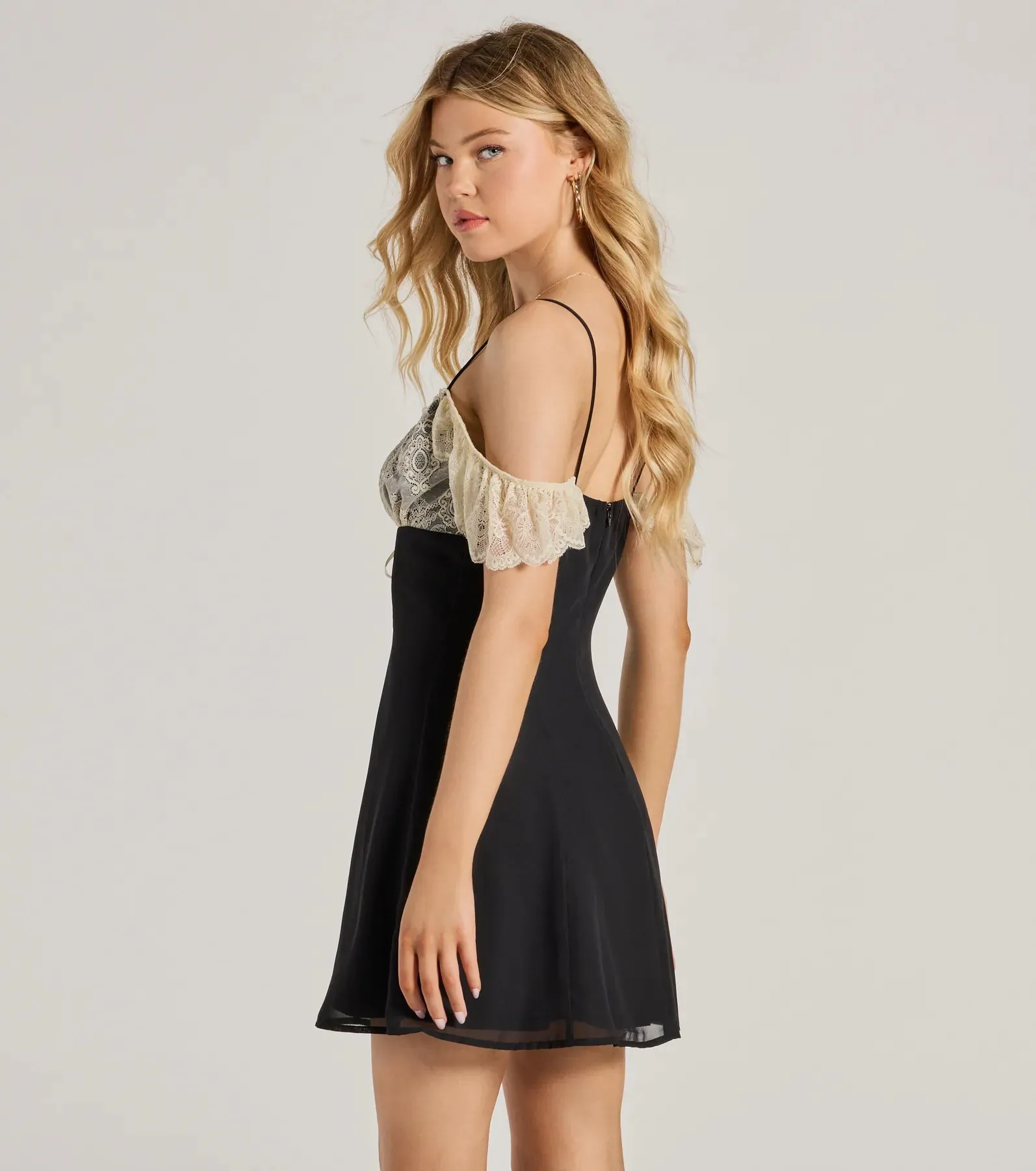 Charmed Success Lace Cold Shoulder A-Line Mini Dress sold by Windsor product image thumbnail 2