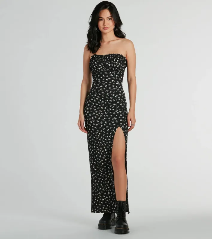 Charming Presence Strapless Slit Floral Maxi Dress sold by Windsor