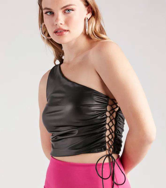 Get My Good Side Lace-Up Faux Leather Top sold by Windsor