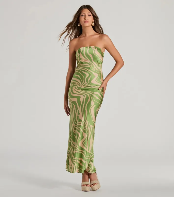 Fierce Stripes Strapless Zebra Print Satin Maxi Dress sold by Windsor