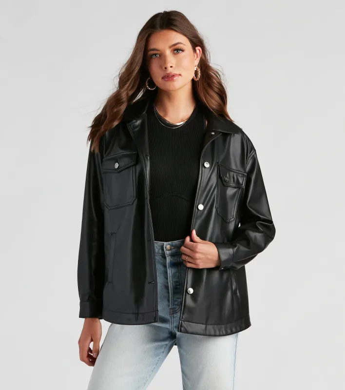 Trendsetting Vibes Faux Leather Shacket sold by Windsor