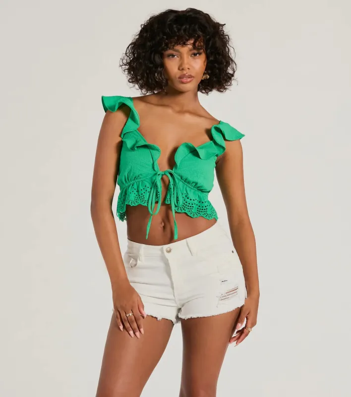 Flirty Flutter Sleeve Tie-Front Eyelet Crop Top sold by Windsor