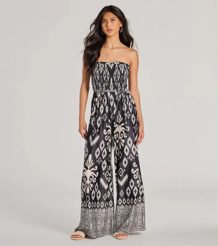Trendy Ease Strapless Boho Print Wide-Leg Jumpsuit sold by Windsor