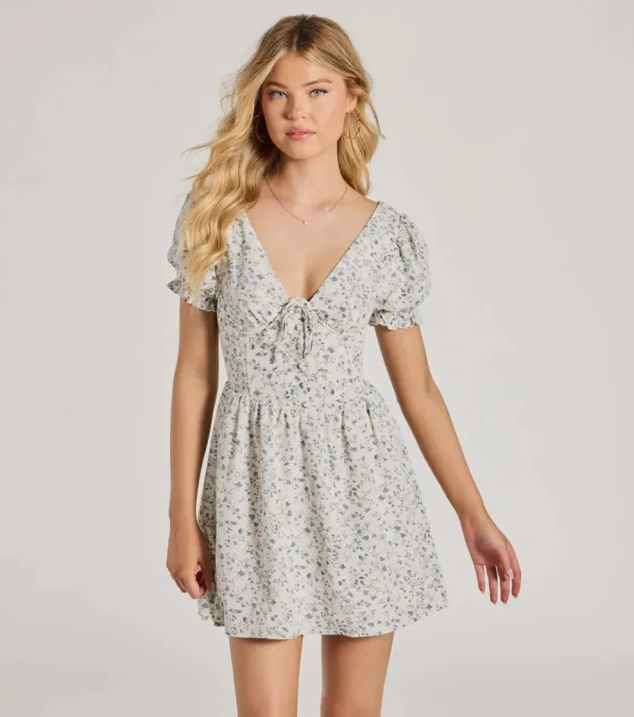 Darling Babe Floral Woven Puff Sleeve Skater Dress sold by Windsor