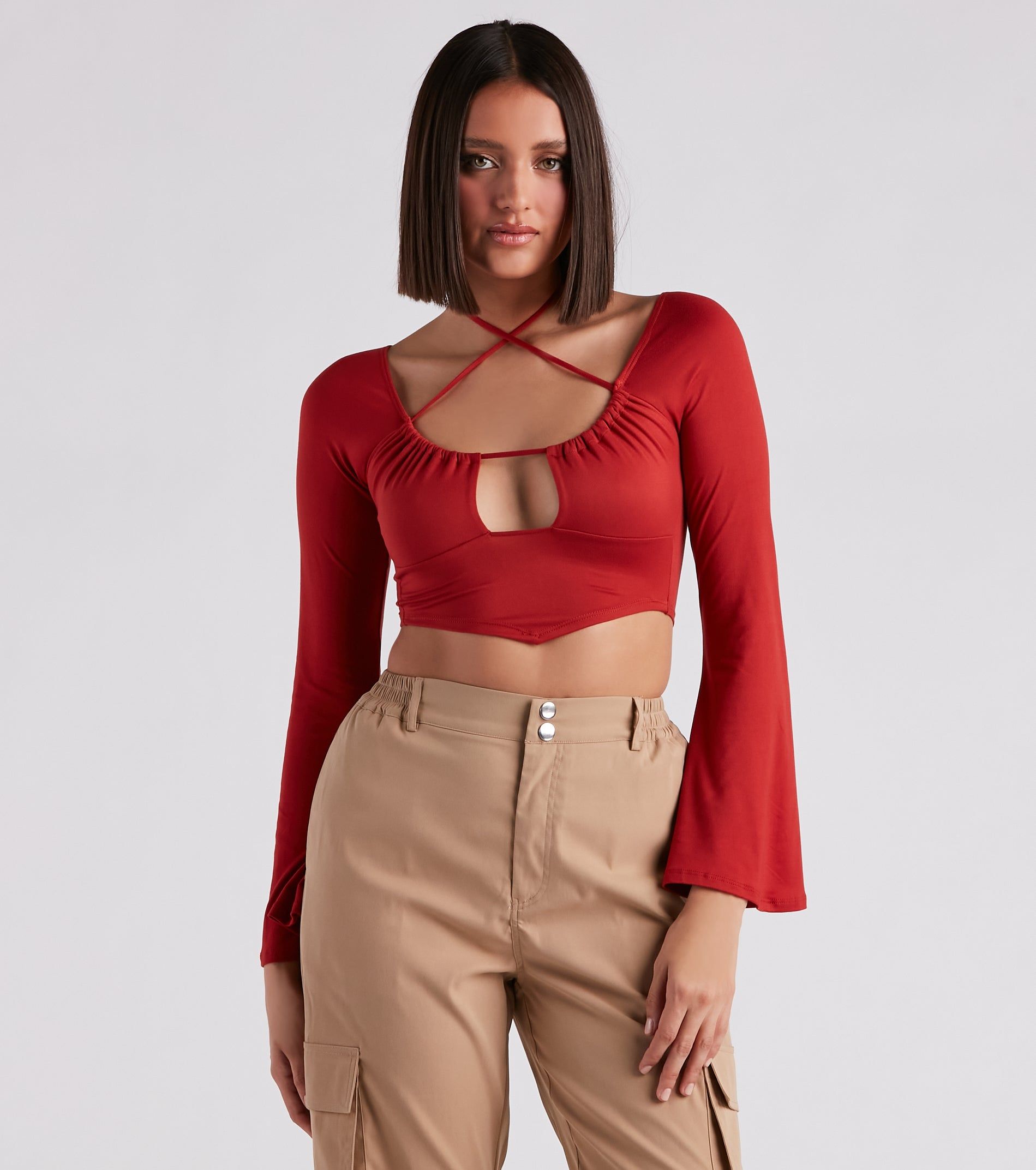Effortlessly Sultry Bell Sleeve Crop Top sold by Windsor