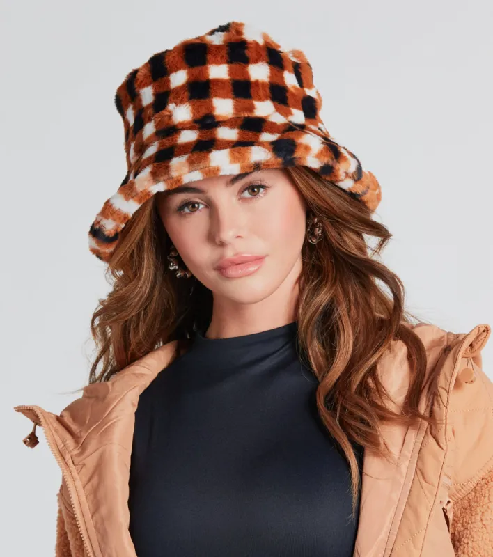 Chilly Days Gingham Faux Fur Bucket Hat sold by Windsor