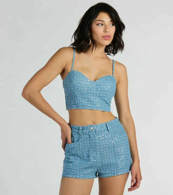 Feeling Flirty Sequin Glitter Denim Bustier Top sold by Windsor