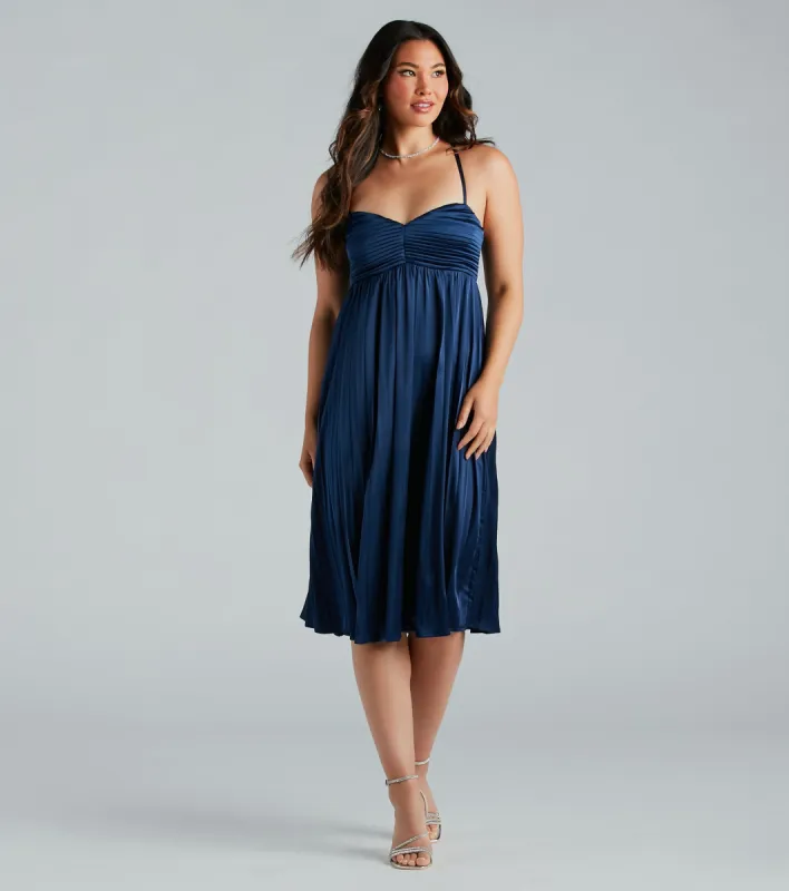 Hailee Formal Satin Pleated A-Line Midi Dress sold by Windsor