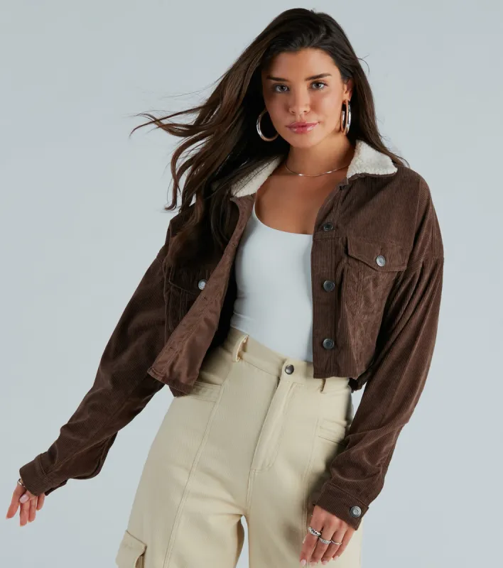 My Lane Corduroy Faux Sherpa Collar Crop Jacket sold by Windsor