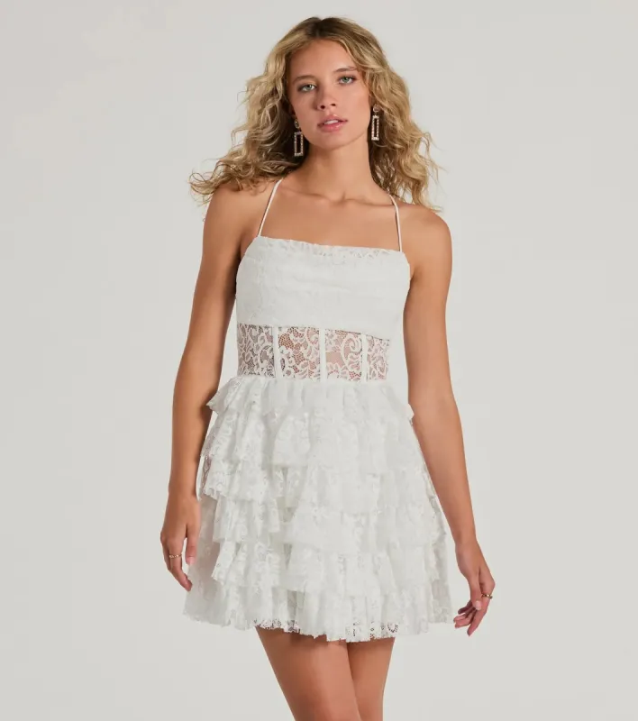 Rochelle Ruffled Sheer Lace Formal Mini Dress sold by Windsor