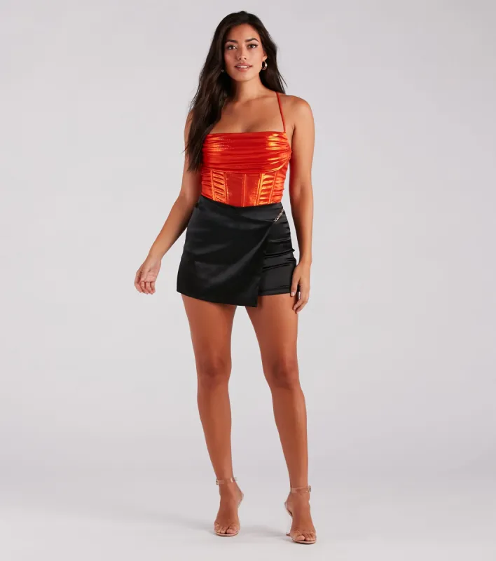 Sleek Silky-Satin Faux Wrap Skort sold by Windsor