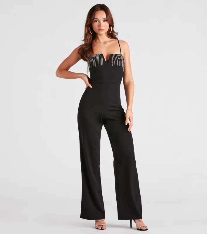 Make It Glam Rhinestone Fringe Jumpsuit sold by Windsor