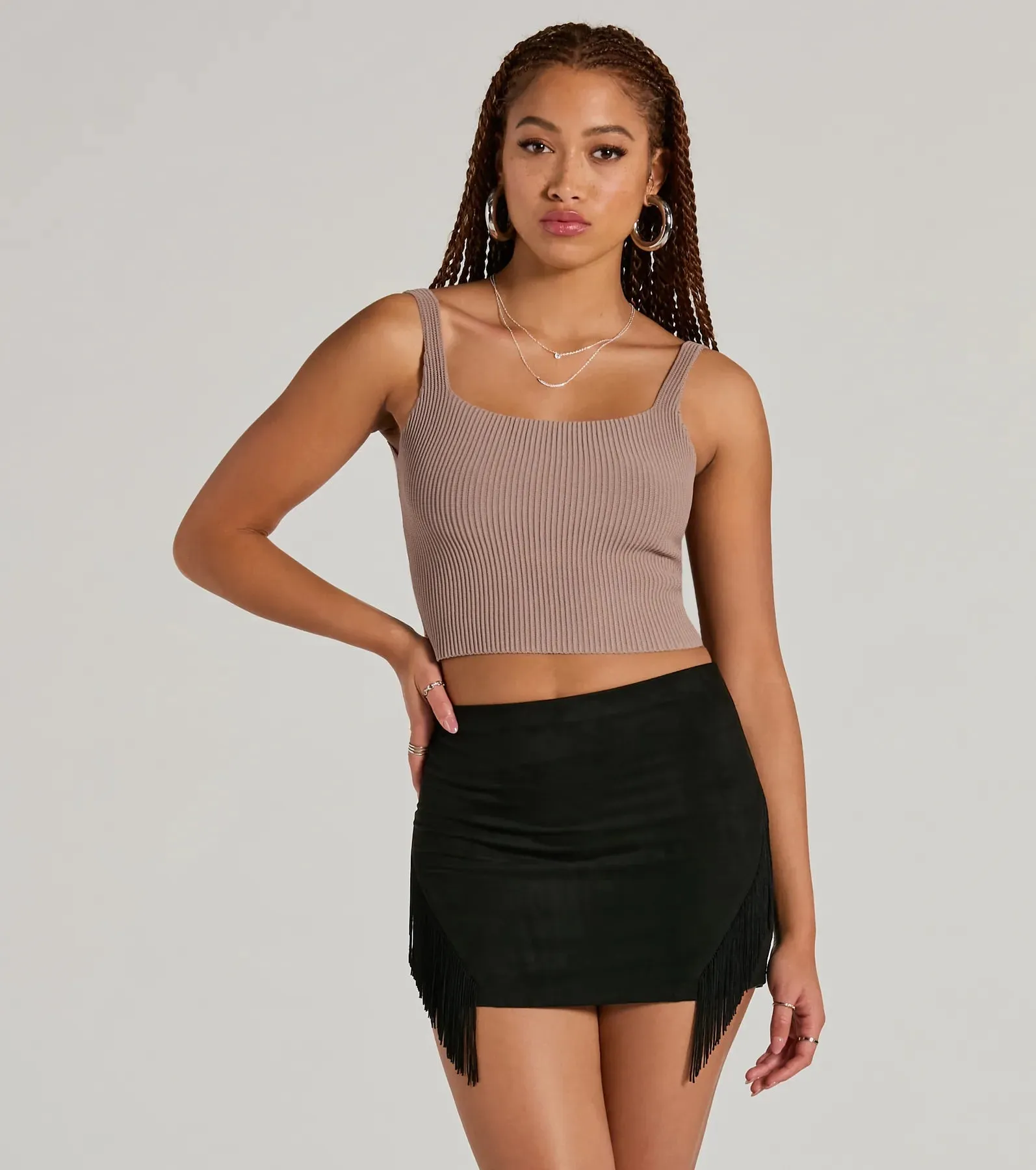 Boho Flair High Rise Fringe Faux Suede Mini Skirt sold by Windsor