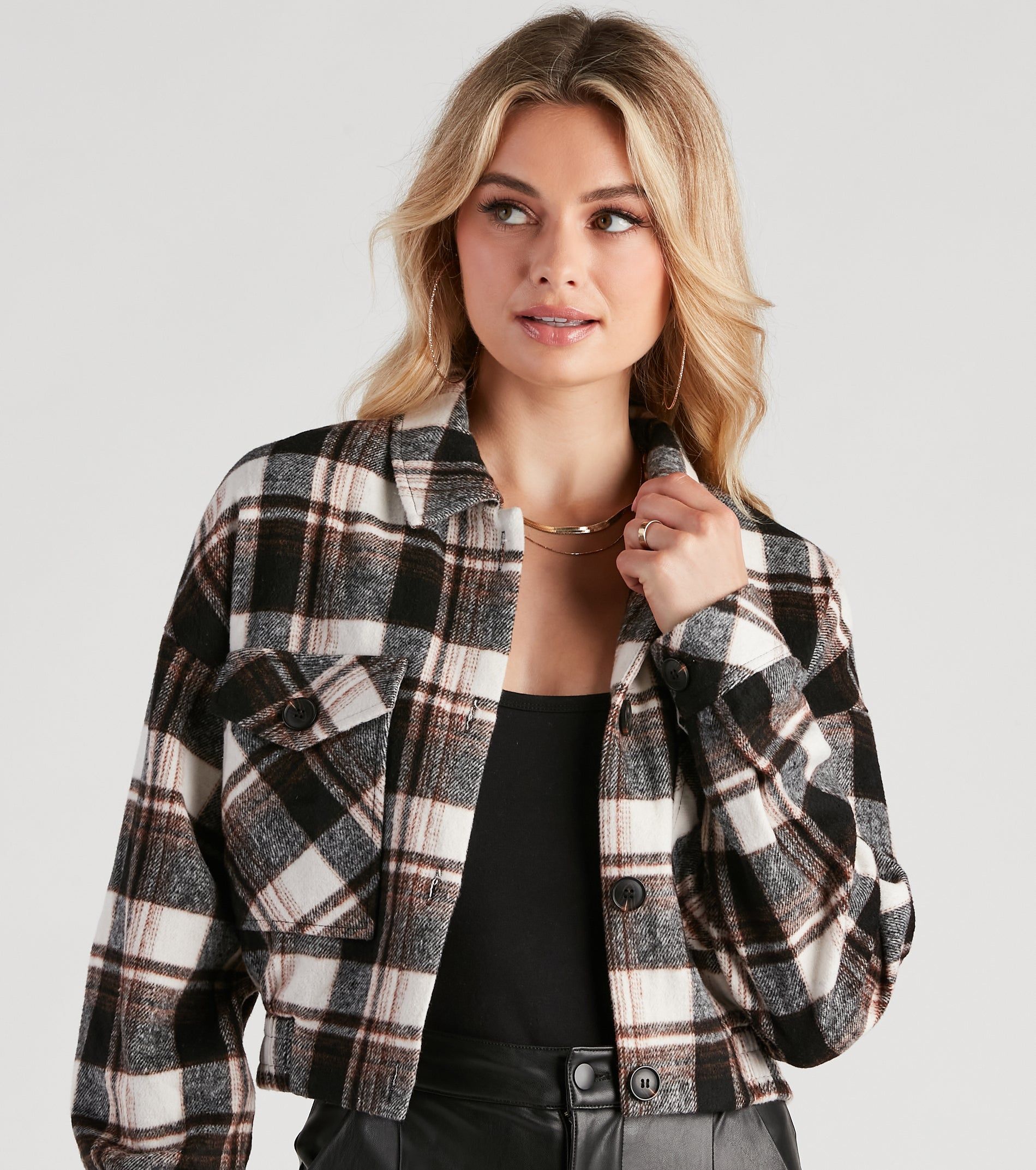Love For Fall Plaid Cropped Shacket sold by Windsor product image thumbnail 4