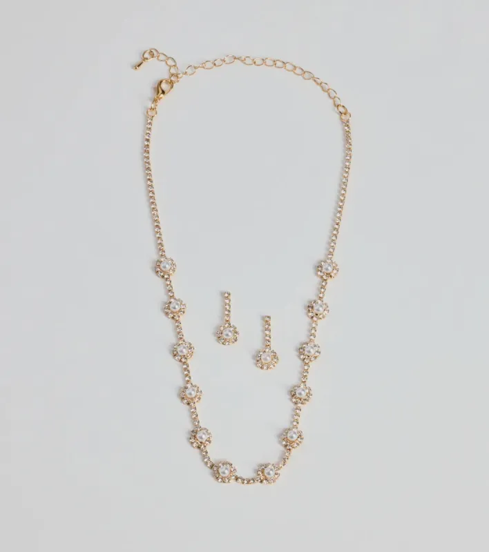 Unforgettable Faux Pearl Rhinestone Necklace And Earrings sold by Windsor