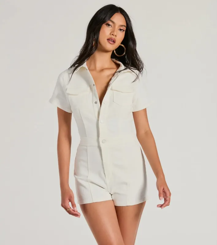 Breezy Weekend Short Sleeve Button Up Denim Romper sold by Windsor