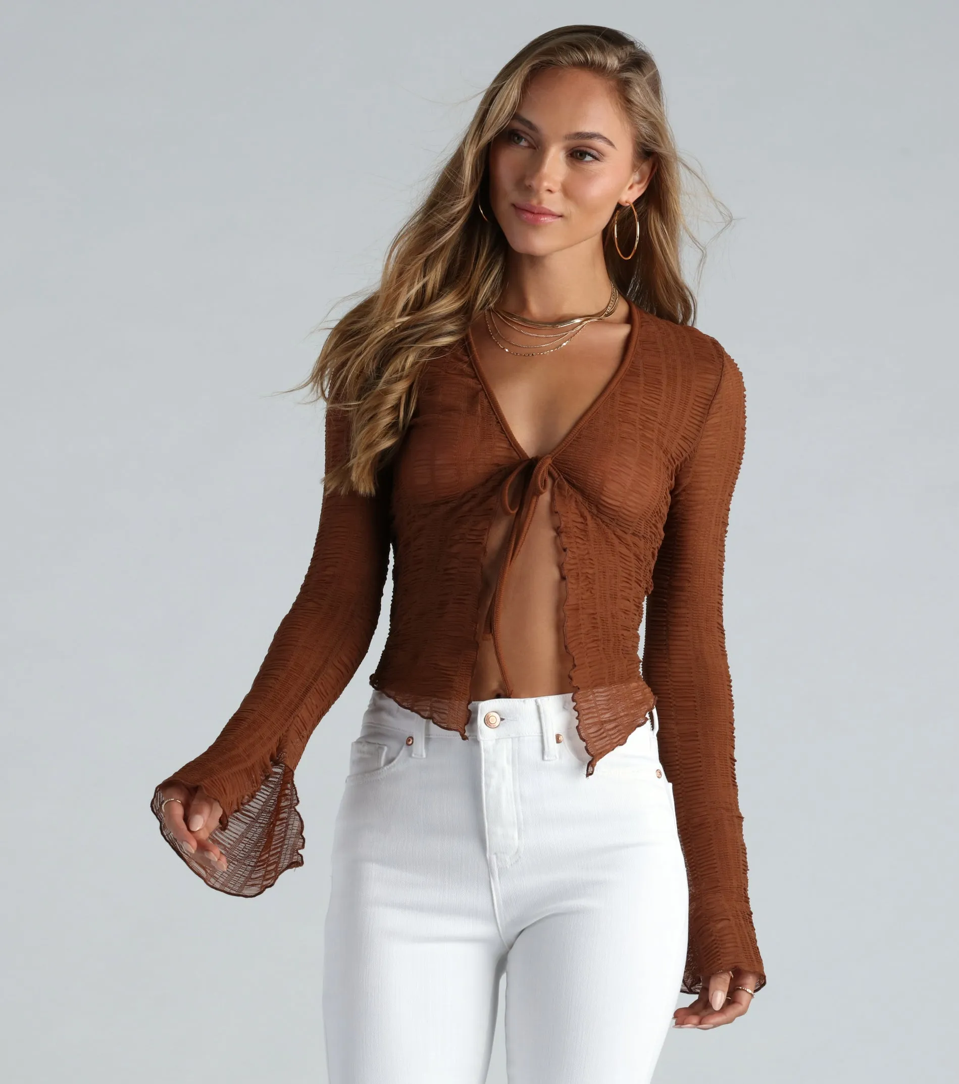 Trendy Textured Sheer Mesh Tie-Front Top sold by Windsor product image thumbnail 3