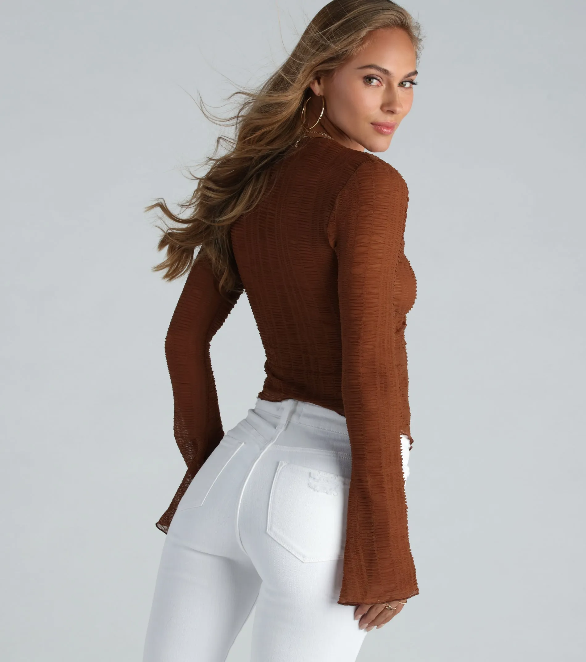 Trendy Textured Sheer Mesh Tie-Front Top sold by Windsor product image thumbnail 2