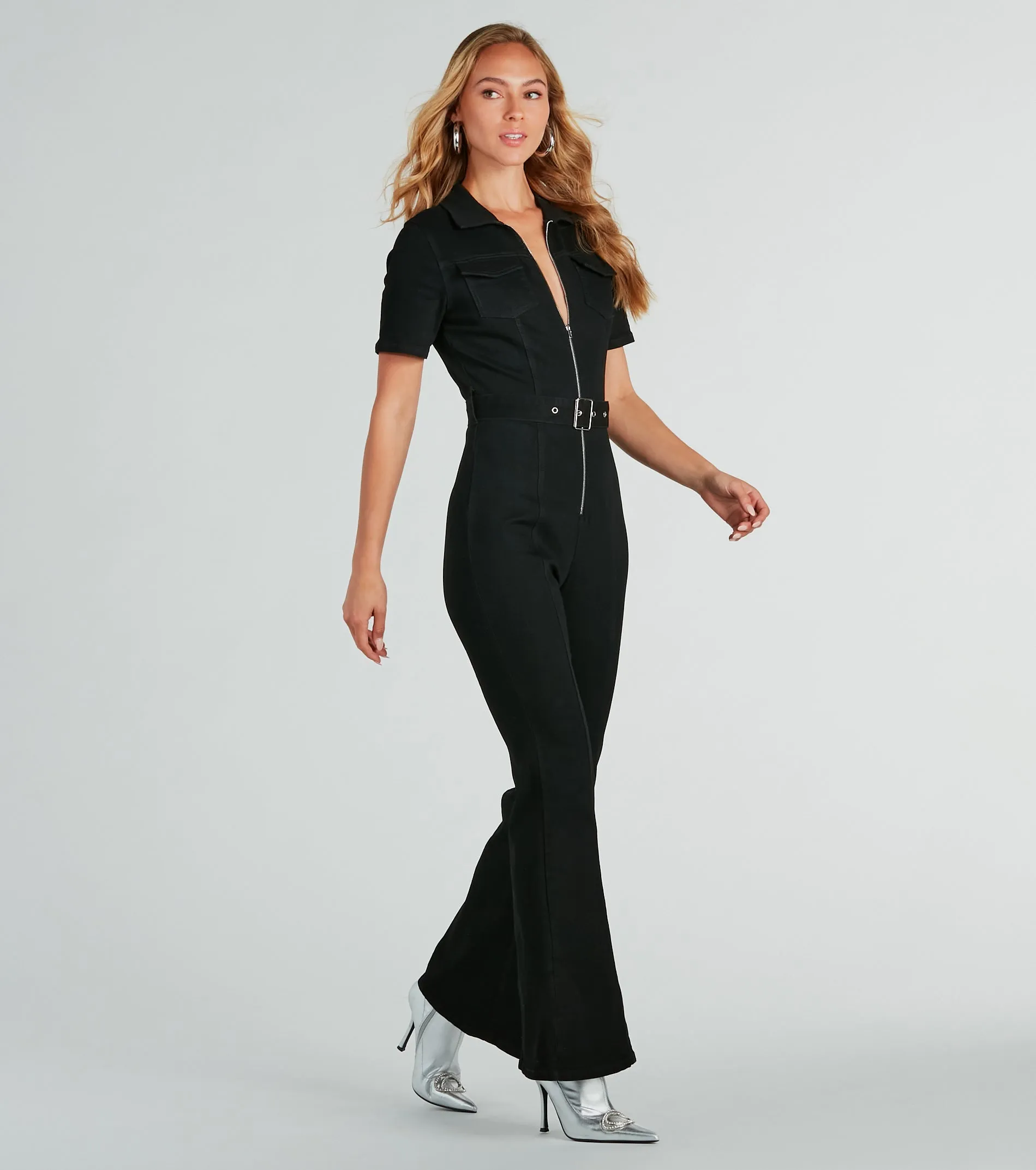 Revamped Retro Belted Flare Denim Jumpsuit sold by Windsor product image thumbnail 4