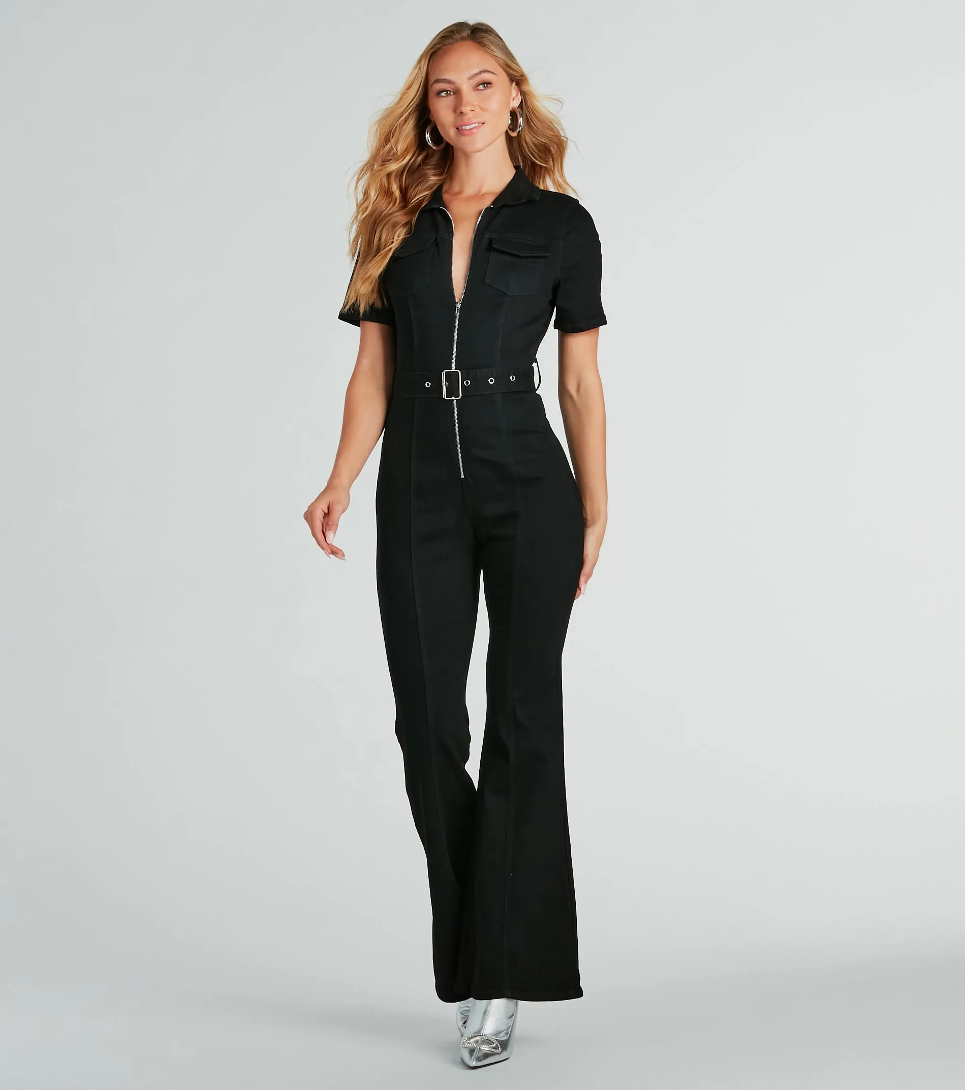Revamped Retro Belted Flare Denim Jumpsuit sold by Windsor