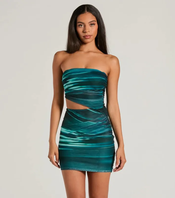 Artsy Flair Strapless Cutout Abstract Mini Dress sold by Windsor