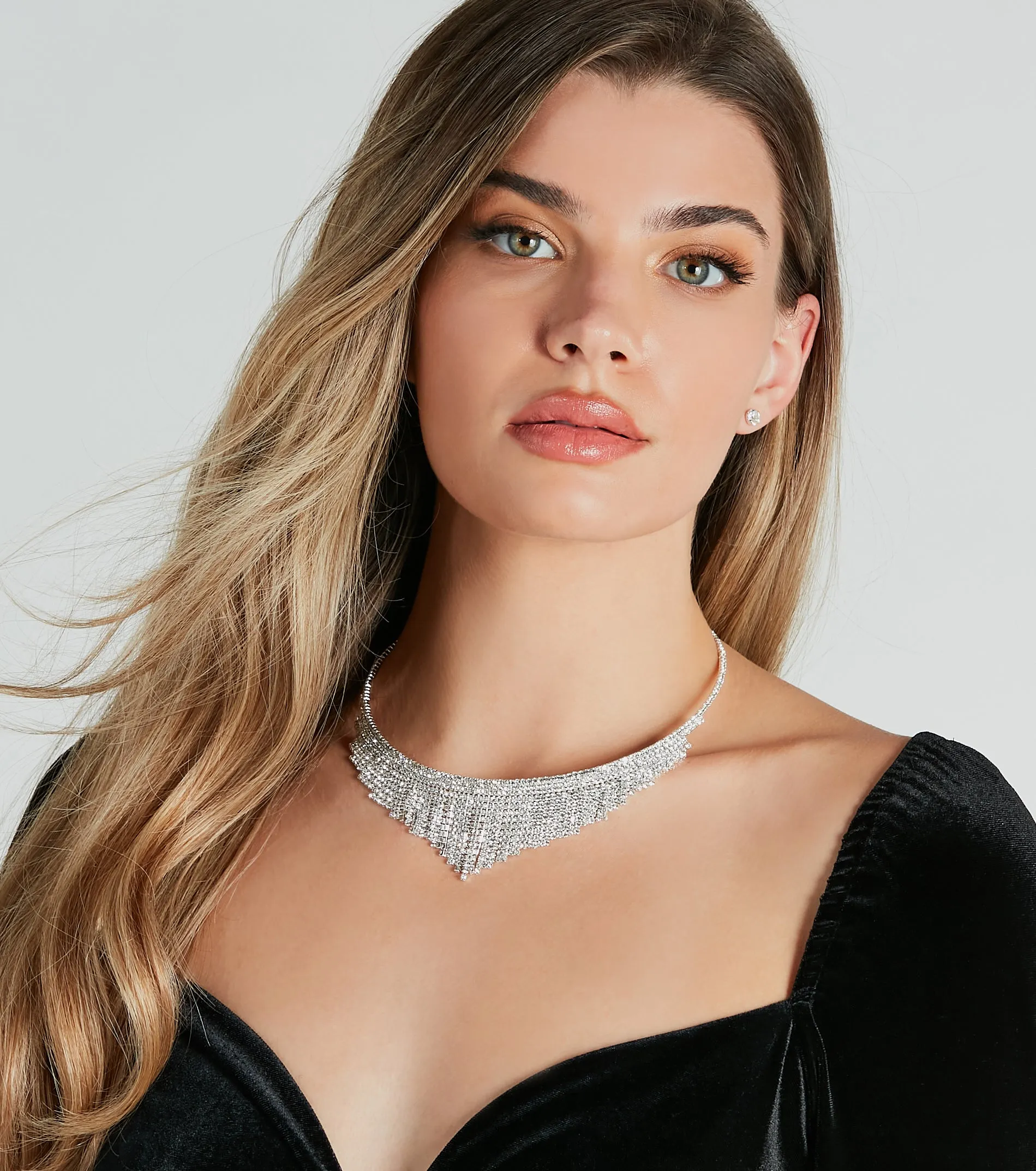 Elegant Sparkle Rhinestone Fringe Necklace And Earrings Set sold by Windsor