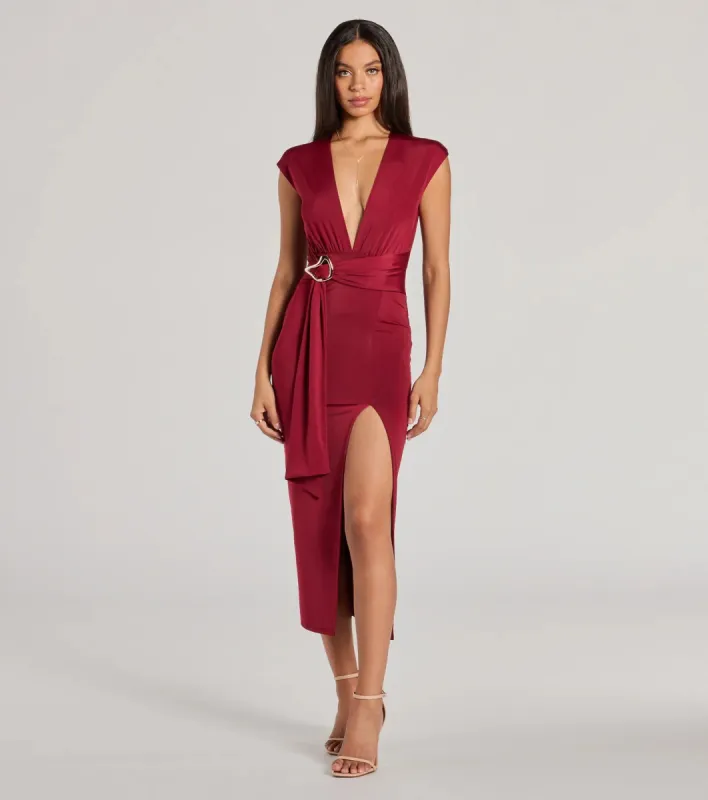 Chic Example V-Neck Belted Slit Midi Dress sold by Windsor