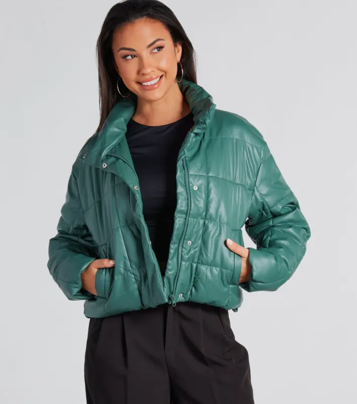 CLEARANCE - Sleek As Can Be Faux Leather Puffer Jacket sold by Windsor