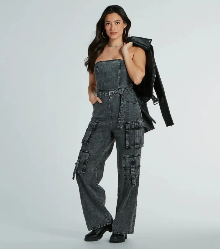 Pit Stop Strapless Cargo Acid Denim Jumpsuit sold by Windsor