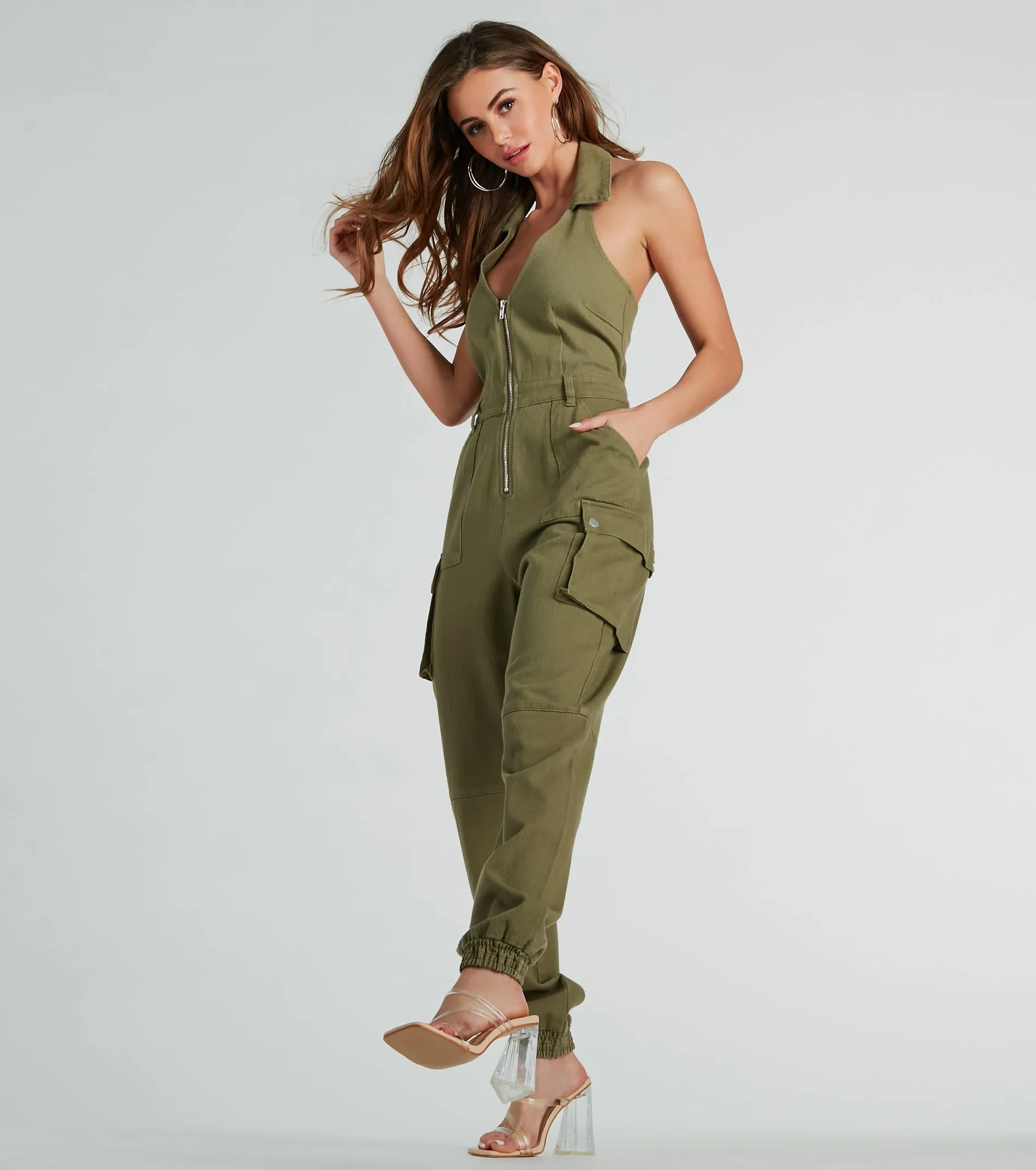 On The Hit List Halter Cargo Jogger Denim Jumpsuit sold by Windsor product image thumbnail 3