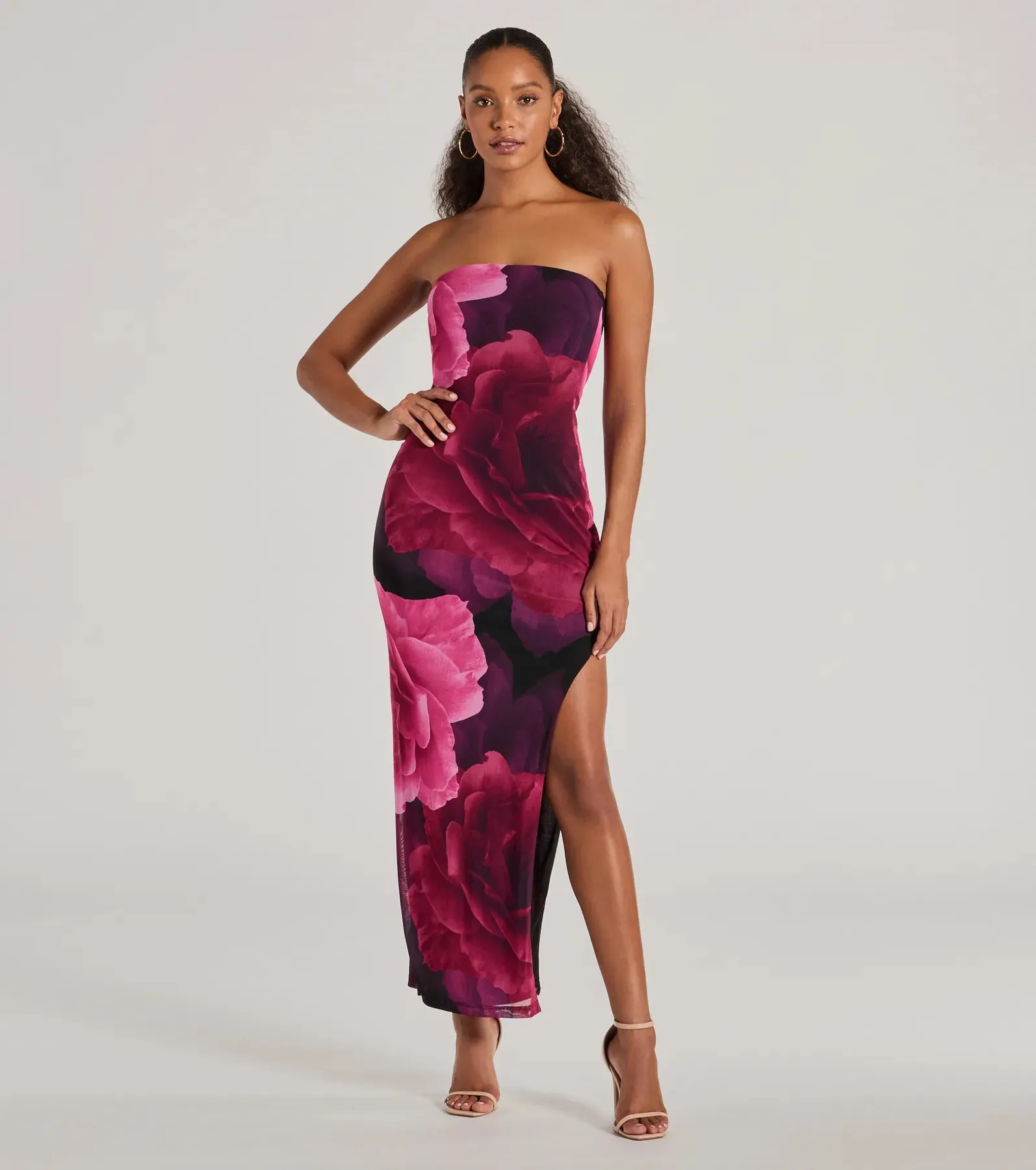 Grandeur Blooms Strapless Slit Floral Maxi Dress sold by Windsor