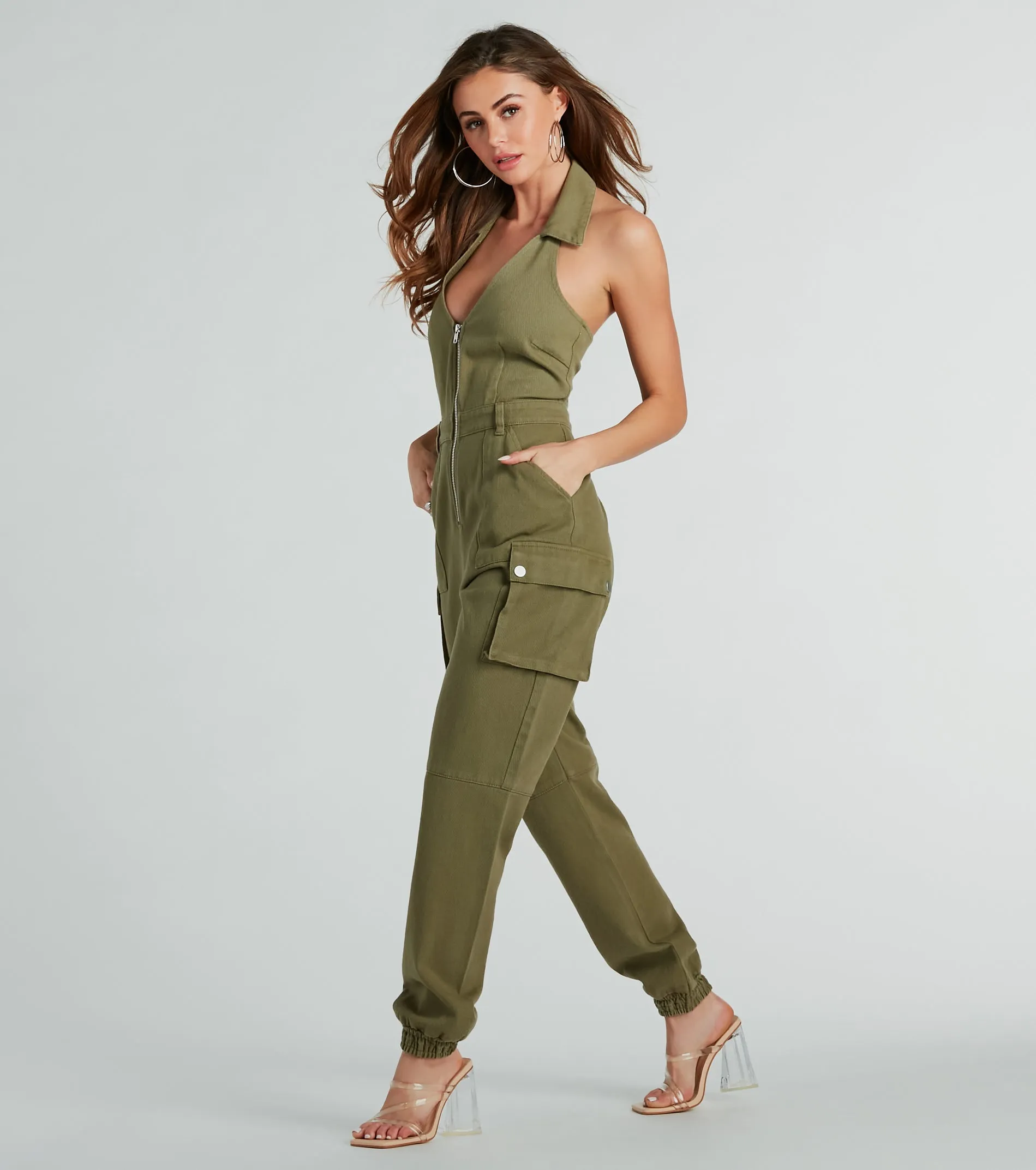 On The Hit List Halter Cargo Jogger Denim Jumpsuit sold by Windsor