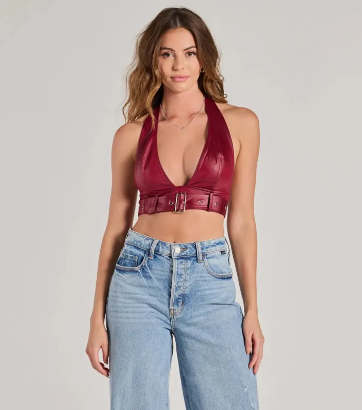 Sultry Vibe Plunge Halter Faux Leather Crop Top sold by Windsor