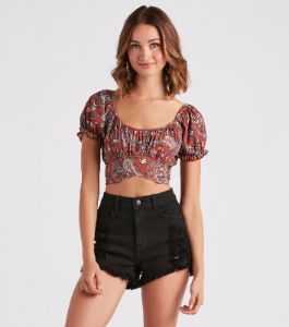 Free Spirited Paisley Tie-Back Crop Top sold by Windsor
