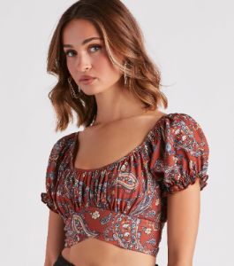 Free Spirited Paisley Tie-Back Crop Top sold by Windsor