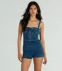 Enticing Flirty Sleeveless Lace-Up Denim Romper sold by Windsor