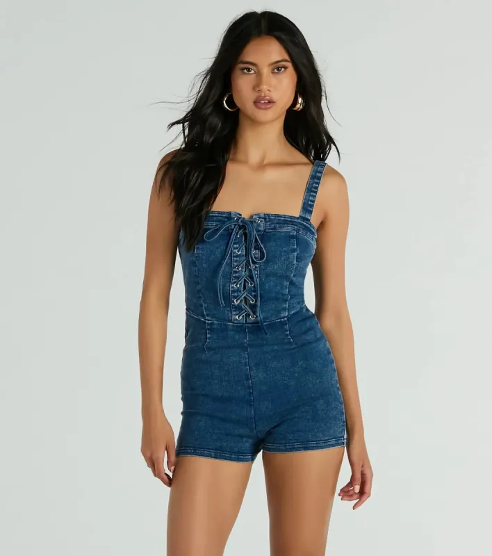 Enticing Flirty Sleeveless Lace-Up Denim Romper sold by Windsor